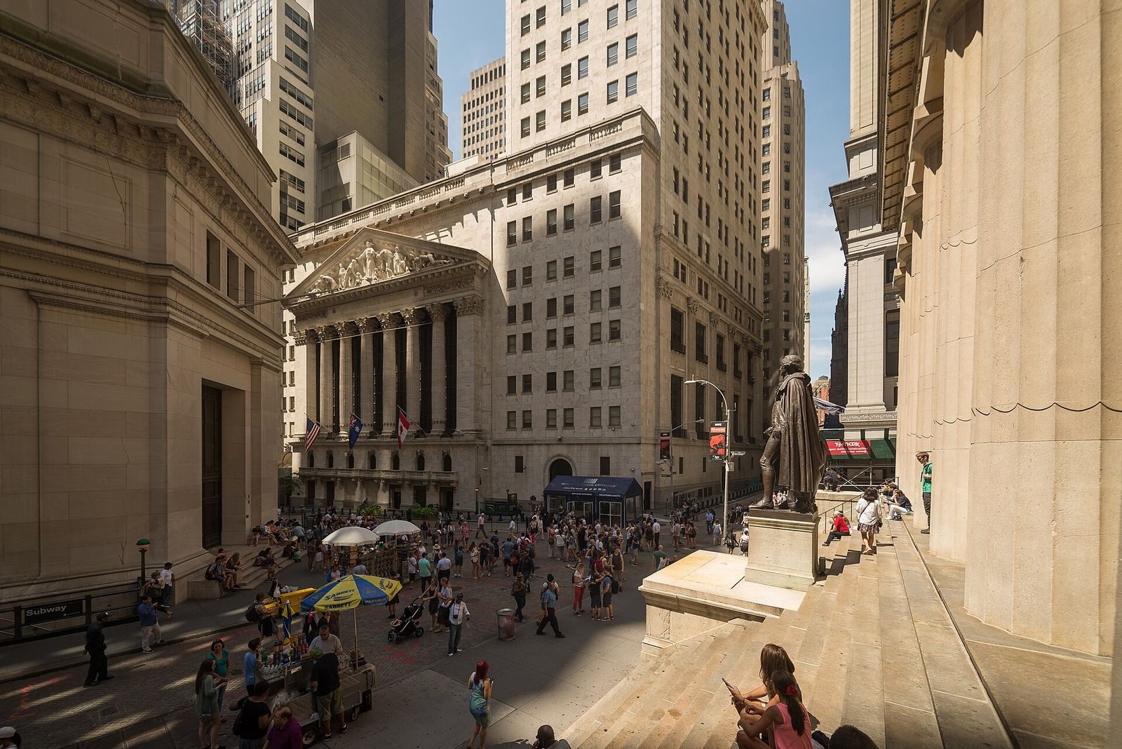 The New York Stock Exchange on Wall Street, with Federal Hall in the foreground