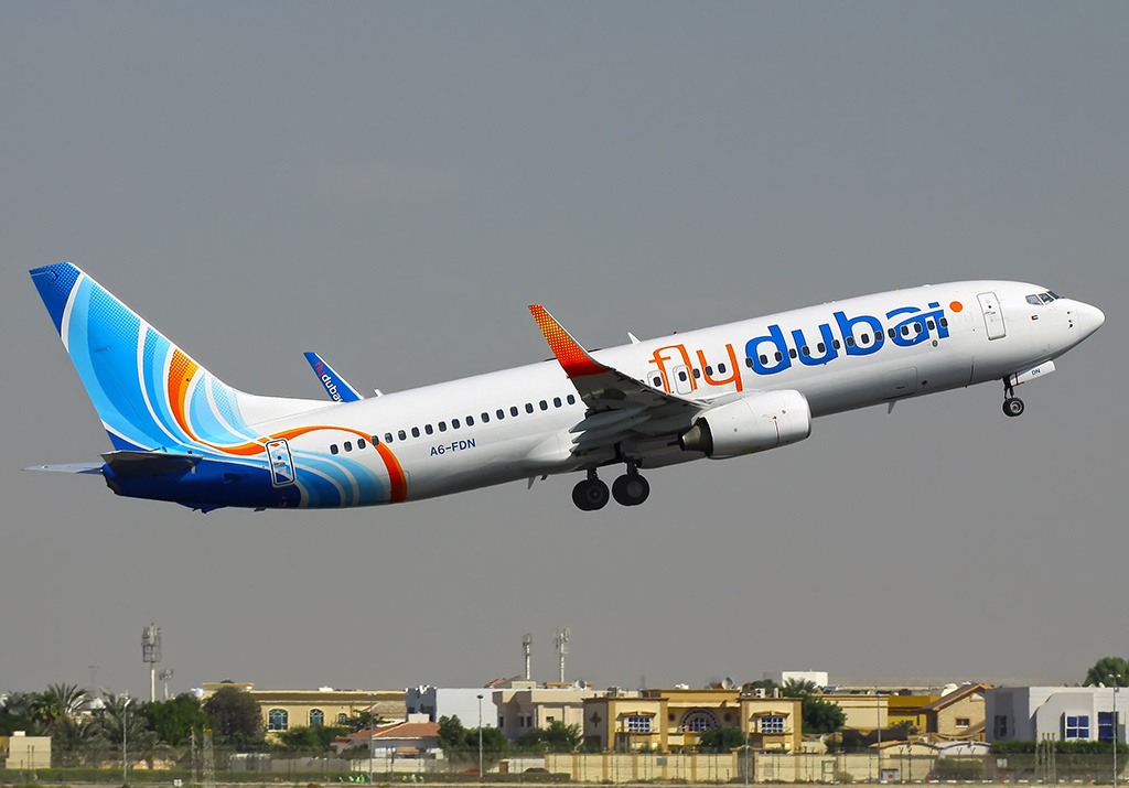 A FlyDubai Boeing 737 on the tarmac at an airport